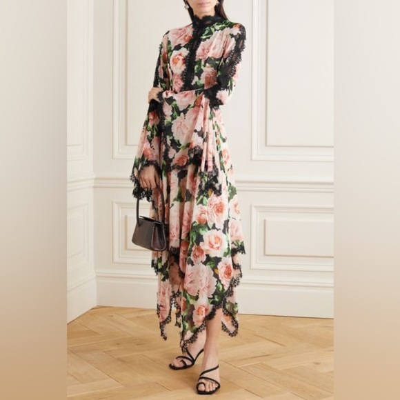 Floral Lace asymmetrical trim Silk Dress sz Small Pink Black - Picture 2 of 12